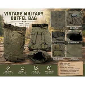 Vintage US Military Olive Drab Canvas Duffle Bag Backpack Sea Bag Stenciled